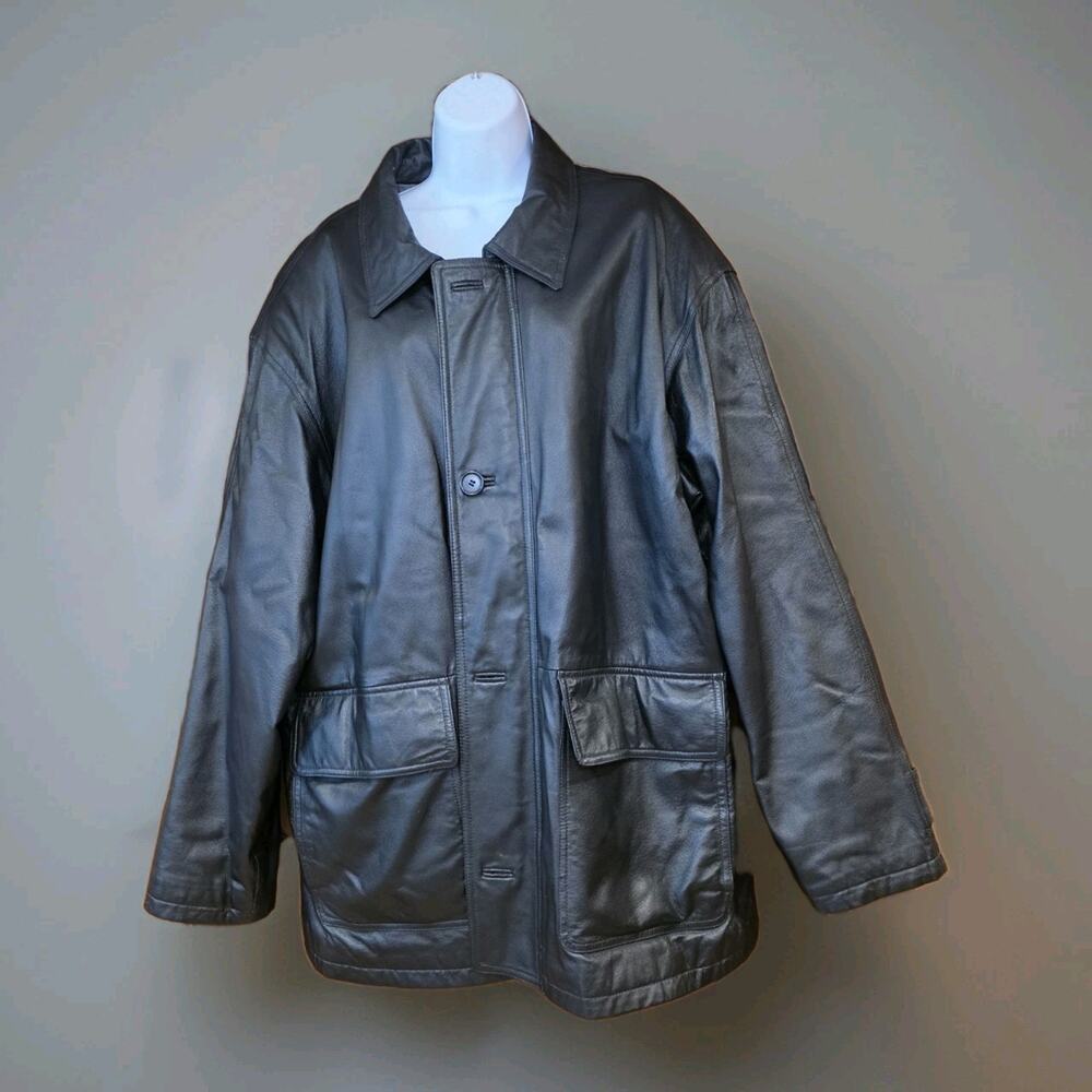 EUC Outdoor Exchange Mens‎ L Black Leather Coat Vintage